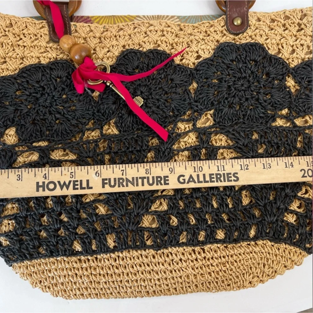 Vintage Fossil Crochet Straw Handbag with Wood Handles accents